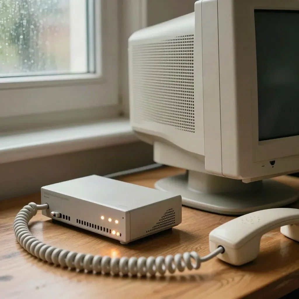 Beżowy CRT, modem i rozdzielacz telefonu na dębowym biurku, z lampkami modemu w deszczu.